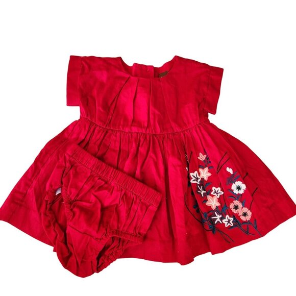 Tea Collection Red Cotton Dress Floral Emboirderey w/ Bloomers Girls 3-6 Months - Picture 1 of 12